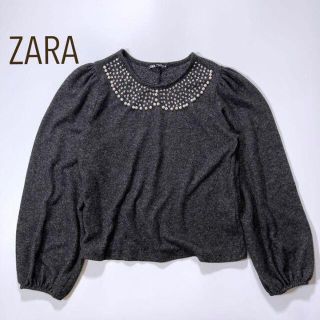 ザラ(ZARA)のZARA パール・スワロフスキー 装飾 ニット EUR:M チャコールグレー(ニット/セーター)