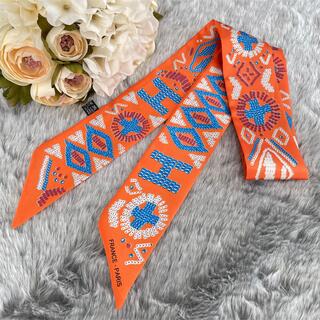 【志龍たん様専用】リボンスカーフ バッグスカーフ オレンジ ビジュー柄(バンダナ/スカーフ)