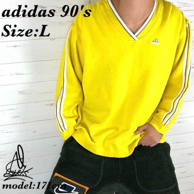 《90s》adidas アディダス　スウェット　L☆イエロー黄色　刺繍　Vネック