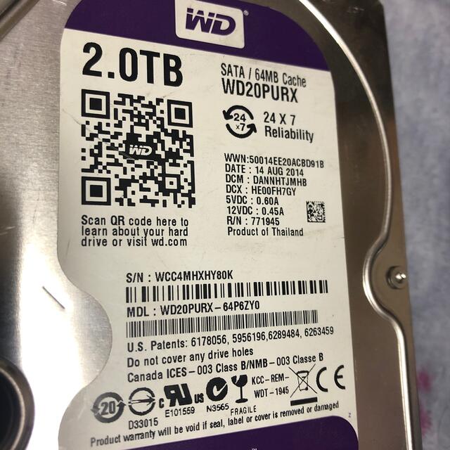 中古 WD Purple WD20PURX 2TB HDD スマホ/家電/カメラのPC/タブレット(PCパーツ)の商品写真