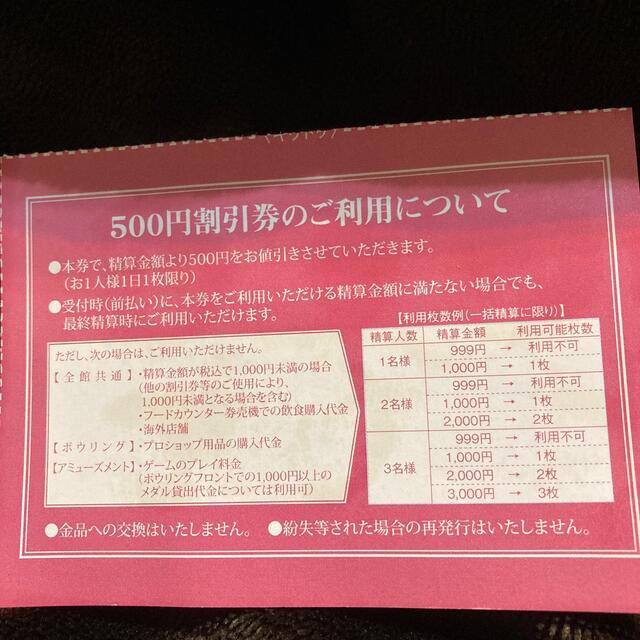 ラウンドワン　株主優待券　500円割引券 チケットの施設利用券(ボウリング場)の商品写真