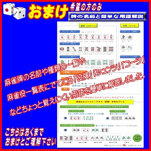 【麻雀役一覧表】●全38種類の役をフルカラーで解説　○おまけ特典有 エンタメ/ホビーのテーブルゲーム/ホビー(麻雀)の商品写真