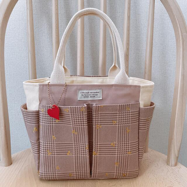グレンチェック(ピンクベージュ)トートバック♡ポケットティッシュポーチset 1