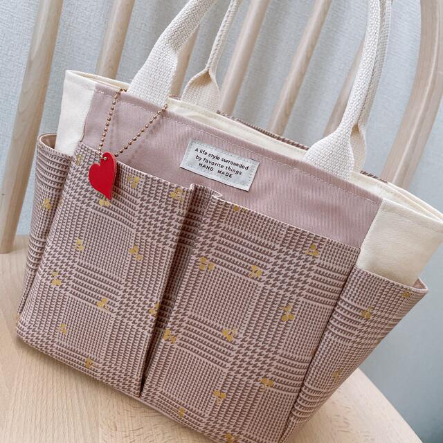 グレンチェック(ピンクベージュ)トートバック♡ポケットティッシュポーチset 3