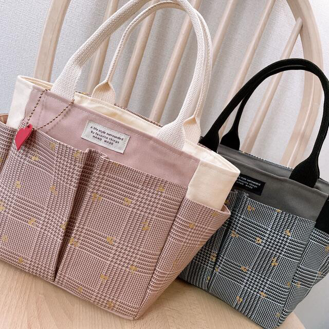 グレンチェック(ピンクベージュ)トートバック♡ポケットティッシュポーチset 8