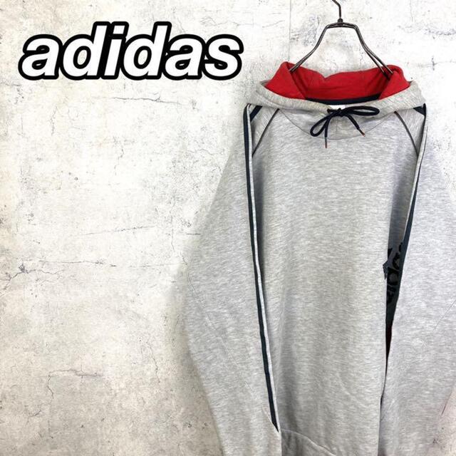 adidas(アディダス)の希少 90s アディダス パーカー デカロゴ ビッグシルエット グレー 赤 メンズのトップス(パーカー)の商品写真