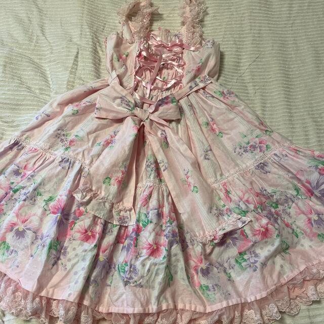 Angelic Pretty(アンジェリックプリティー)のsugar pansyジャンパースカート +ハーフボンネット　ピンク レディースのワンピース(ひざ丈ワンピース)の商品写真