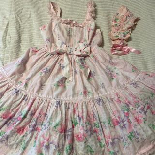 アンジェリックプリティー(Angelic Pretty)のsugar pansyジャンパースカート +ハーフボンネット　ピンク(ひざ丈ワンピース)