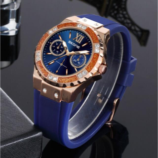 ブルーラバーベルト腕時計　フィット感男女兼用　クォーツ　新作 青×ピンクゴールド(腕時計(アナログ))