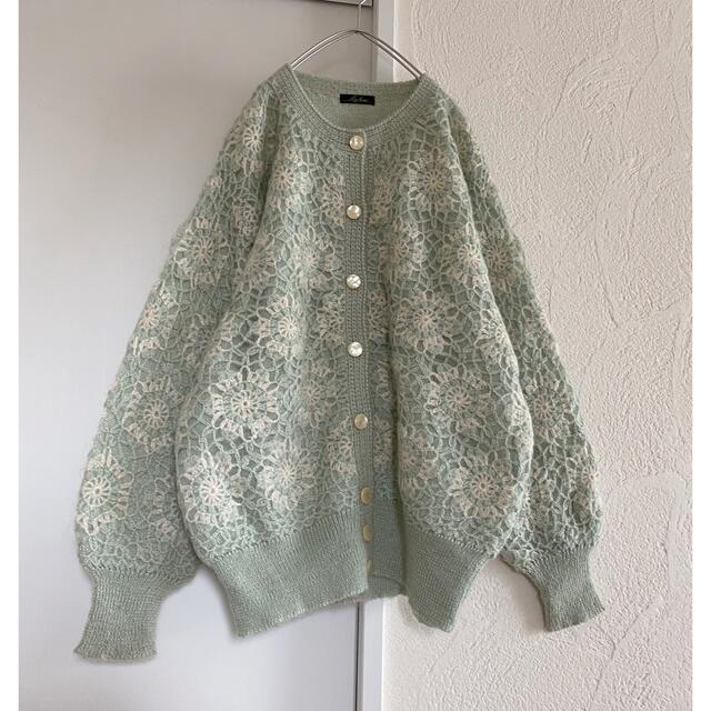 vintageレトロ古着グリーンお花モチーフ刺繍ボリュームニット