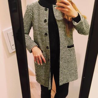 ザラ(ZARA)のノーカラーコート ボーダー ツイード(ロングコート)