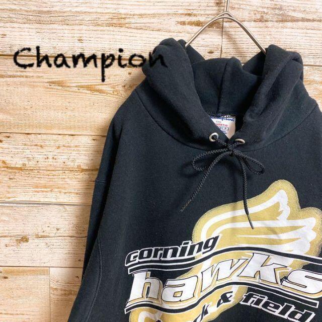 《Champion》パーカー　プルオーバー　デカロゴ　黒　長袖　Sサイズ