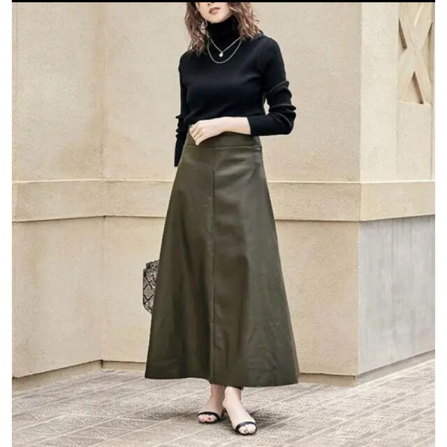 レザースカート カーキ フレアスカート ロングスカート レザー 春 秋服 冬服