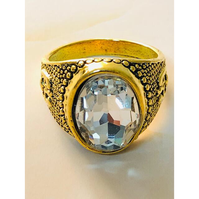 ヴィンテージゴールド金属製ホワイトラインストーンメンズ指輪レディース指輪男女兼用 レディースのアクセサリー(リング(指輪))の商品写真