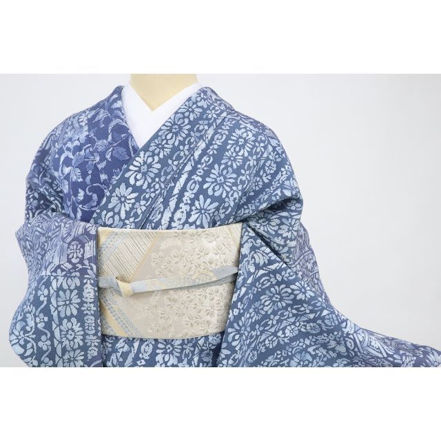 長尺*作家◇花更紗*染め分け訪問着◇ブルー*落款有◇袷正絹着物◇SA1