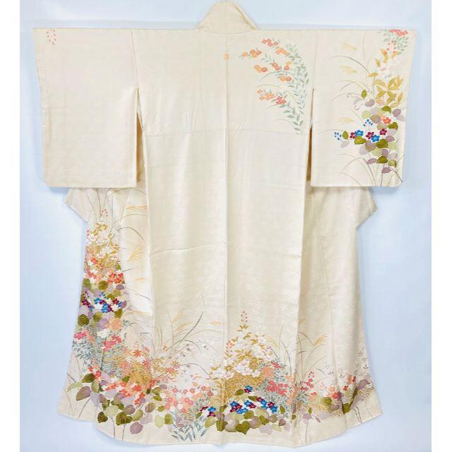 京友禅 金駒刺繍 本金箔 花柄 一つ紋 訪問着 正絹 オフホワイト 白 839 レディースの水着/浴衣(着物)の商品写真