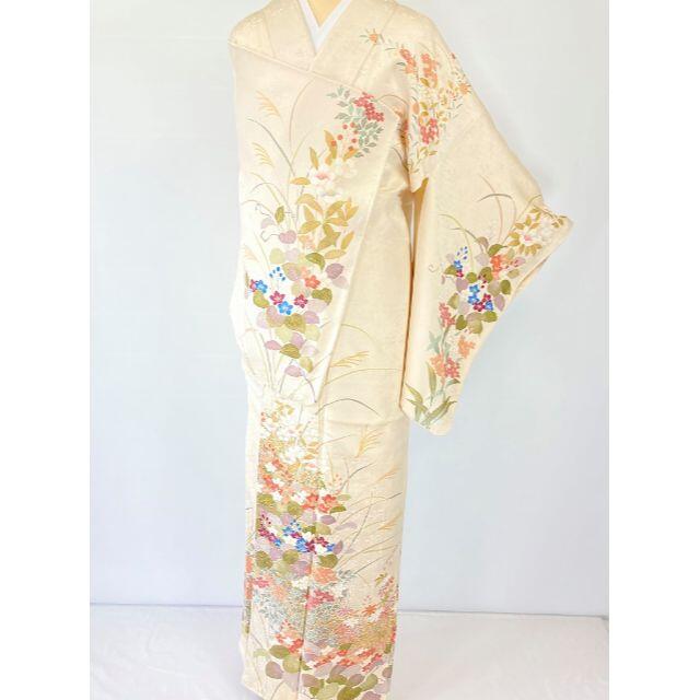京友禅 金駒刺繍 本金箔 花柄 一つ紋 訪問着 正絹 オフホワイト 白 839 レディースの水着/浴衣(着物)の商品写真