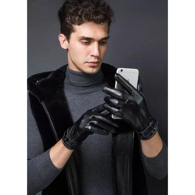【黒】スマホ対応 メンズ 防水 防寒 レザー手袋 レザーグローブ 裏起毛 メンズのファッション小物(手袋)の商品写真