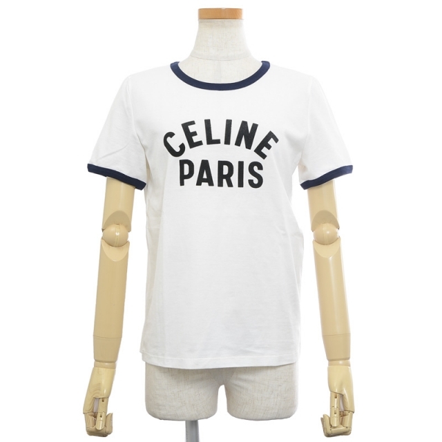 celine(セリーヌ)のセリーヌ CELINE PARIS Tシャツ コットン ホワイト/ネイビー サイ レディースのトップス(Tシャツ(半袖/袖なし))の商品写真