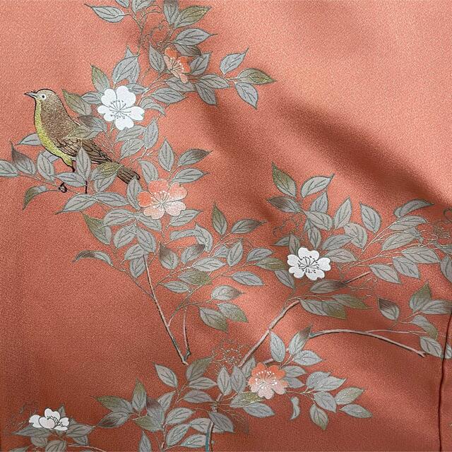 正絹　色留袖　落ち着いたベージュに桜とうぐいす　Lサイズ
