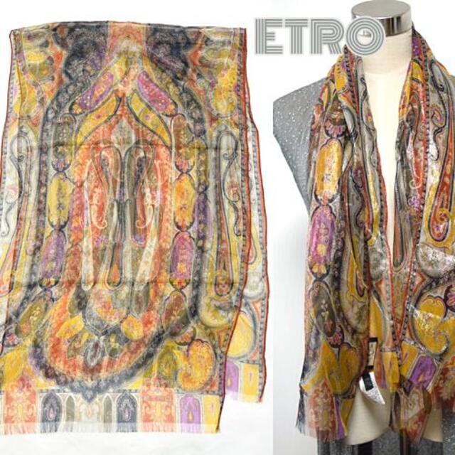 ETRO■レア美品　ラメ加工ペイズリー柄シルク縦型ロングスカーフ　エトロ