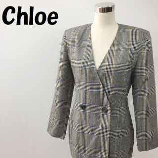 クロエ(Chloe)のクロエ ノーカラー ダブルボタン ジャケット チェック柄 サイズ40 レディース(ノーカラージャケット)