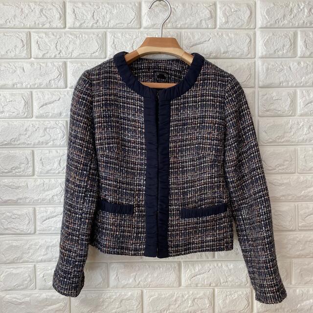 BEAMS(ビームス)の【美品】beams heart ノーカラージャケット　ツイード　ネイビー　S レディースのジャケット/アウター(ノーカラージャケット)の商品写真