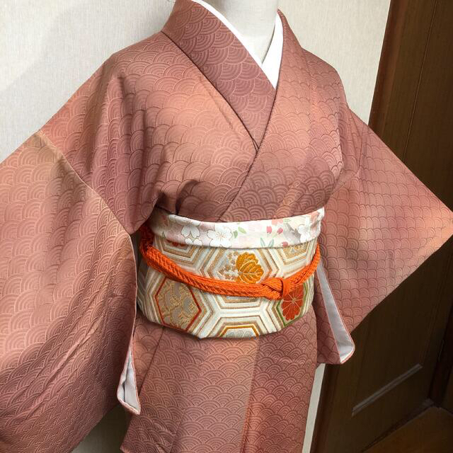 専用です。くすみオレンジ色系 青海波 色無地 無地着物 ぼかし 暈し ぼかし染め