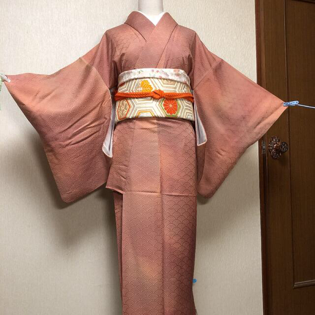 専用です。くすみオレンジ色系 青海波 色無地 無地着物 ぼかし 暈し ぼかし染め