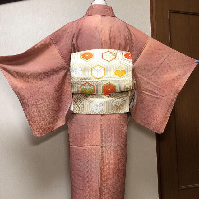 専用です。くすみオレンジ色系 青海波 色無地 無地着物 ぼかし 暈し ぼかし染め