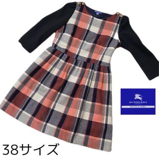 バーバリーブルーレーベル(BURBERRY BLUE LABEL)の美品 バーバリーブルーレーベル チェック ひざ丈 ワンピース 長袖 レッド(ひざ丈ワンピース)