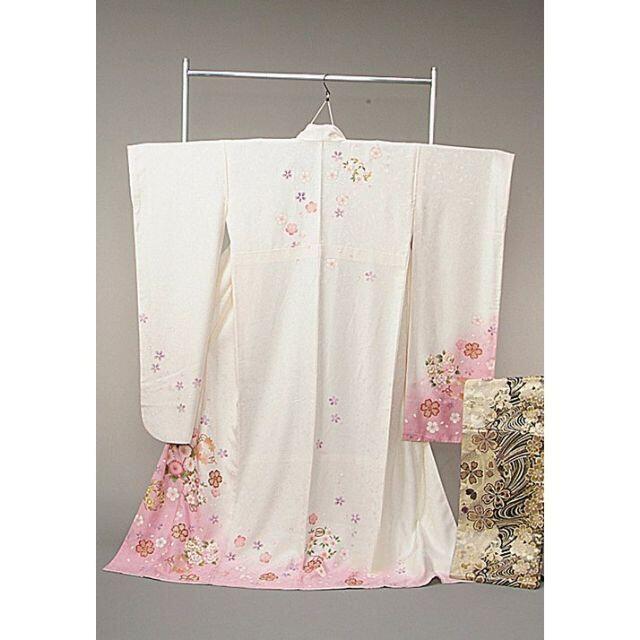 【振袖】成人式に　白地にピンクのグラデーション　可愛い桜の古典柄　正絹振袖　中古
