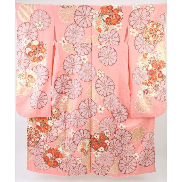 振袖*長尺 袷着物 菊桜模様 松皮花唐菱地紋 サーモンピンク 振袖*長尺 袷着物 菊桜模様 松皮花唐菱地紋 サーモンピンク