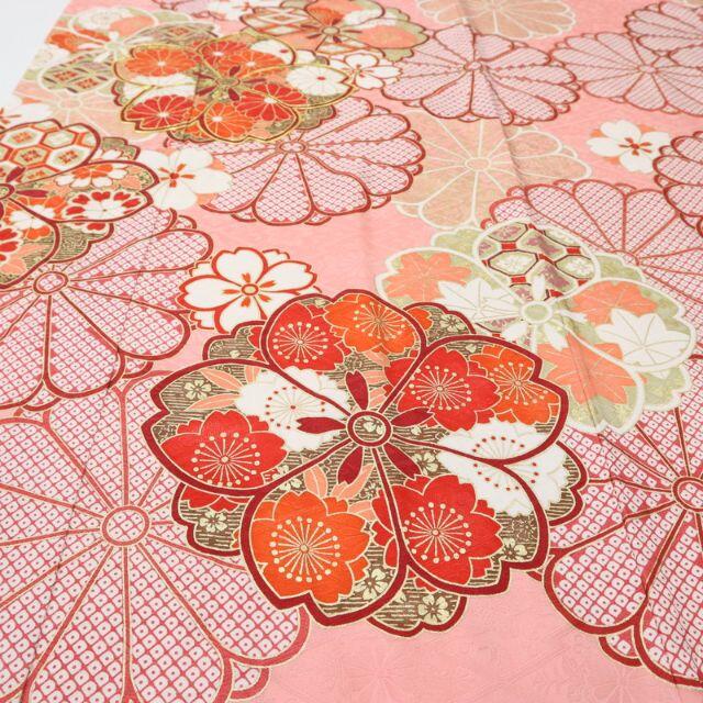 振袖*長尺 袷着物 菊桜模様 松皮花唐菱地紋 サーモンピンク 振袖*長尺 袷着物 菊桜模様 松皮花唐菱地紋 サーモンピンク