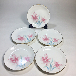 コウランシャ(香蘭社)のP-889 香蘭社 金彩ピンクの蘭のケーキ皿5枚 銘々皿 未使用保管品(食器)
