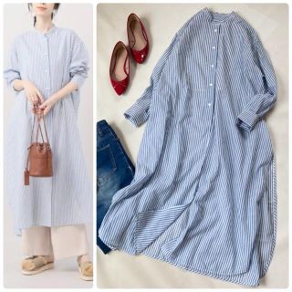 プラージュ(Plage)の美品✨プラージュ シャツワンピース ストライプ 春服 ノーカラー ロング 日本製(ロングワンピース/マキシワンピース)