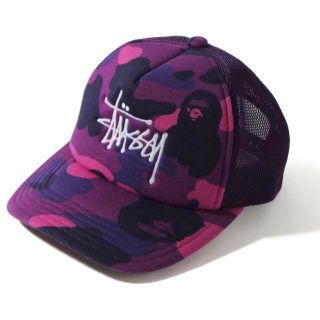 アベイシングエイプ(A BATHING APE)のBAPE STUSSY TRUCKER CAP パープルカモフラージュ(キャップ)