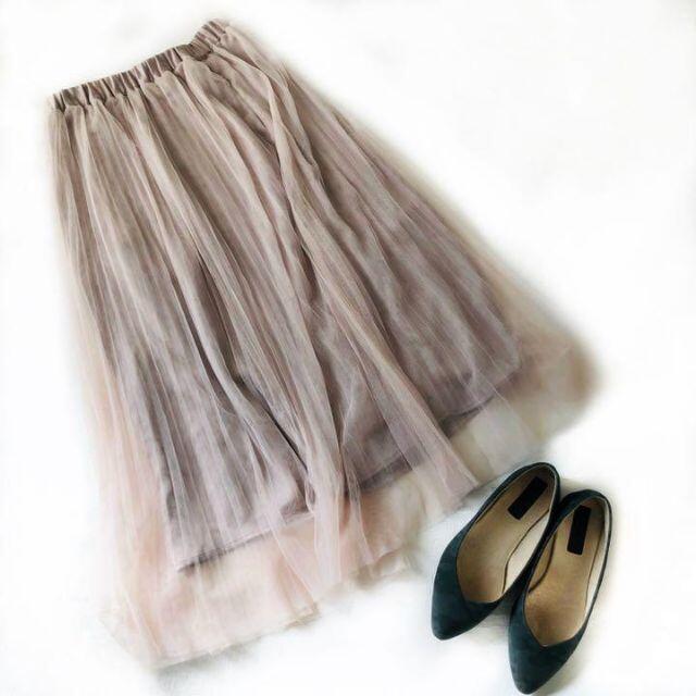 シフォン チュール プリーツ ロングスカート Lサイズ ベージュ レディース レディースのスカート(ロングスカート)の商品写真