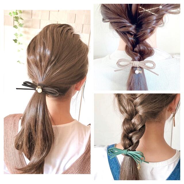 スエードリボンヘアゴム  選べるチャーム レディースのヘアアクセサリー(その他)の商品写真