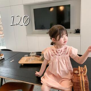 花刺繍 ピンク 桃色 ワンピース 韓国子供服 キッズ ガール 女の子 120(ワンピース)