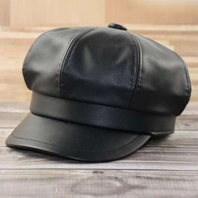 二〇九 キャスケット レディース 黒 レザー ハンチング帽 おしゃれ おすすめ レディースの帽子(キャスケット)の商品写真