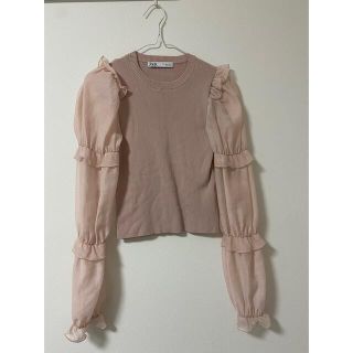 ザラ(ZARA)のzara ピンク フリル シースルー ニット 2020 SS(ニット/セーター)