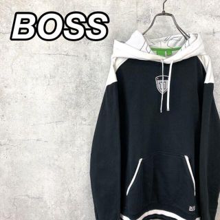 ヒューゴボス(HUGO BOSS)の希少 90s ヒューゴボス パーカー 刺繍ロゴ 黒.(パーカー)