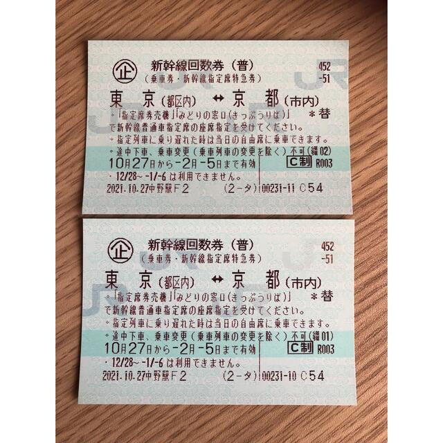 【2枚】新幹線 東京(都区内)-京都(市内)普通車指定席券