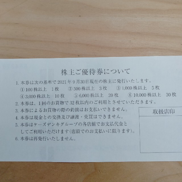 ケーズホールディングス　株主優待3000円分 チケットの優待券/割引券(ショッピング)の商品写真