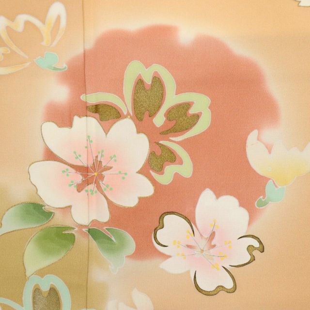 《長尺◆上質訪問着■雪輪に桜の花模様◆淡いオレンジ◆袷正絹着物◆HM11-14》