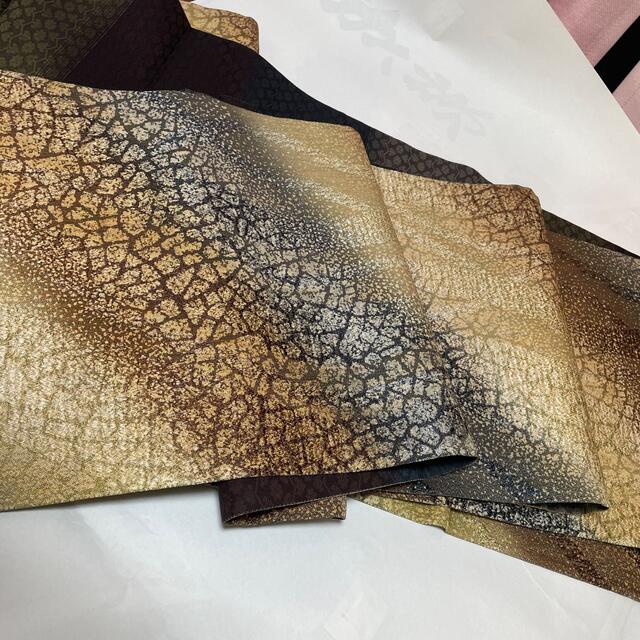 専用ページ 未使用 全通 袋帯 斜縞 茶色と紺とクリームに金糸 正絹 - 帯