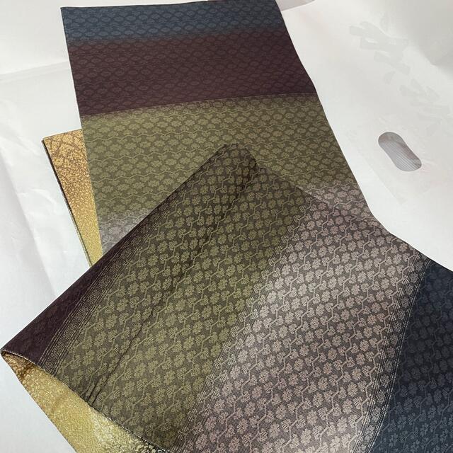 専用ページ 未使用 全通 袋帯 斜縞 茶色と紺とクリームに金糸 正絹 - 帯