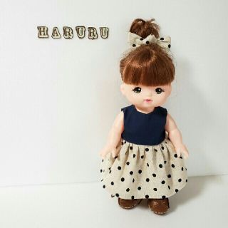 ワンピースとヘアゴムセット　麻ネイビー水玉　メルちゃん　ソランちゃん　服(その他)