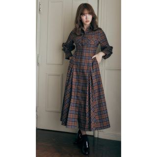 Checkered Pleats Long Shirt Dress M(ロングワンピース/マキシワンピース)